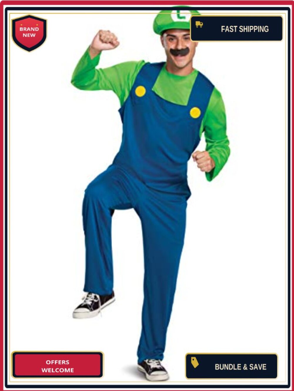 Adult Luigi Costume Nintendo Super Mario Bros Complete Set with Hat & Mustache